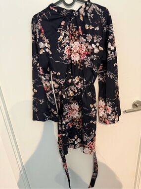 Floral Tie-Waist Long Sleeve Open Back Dress - Black with Pink & Cream Blooms